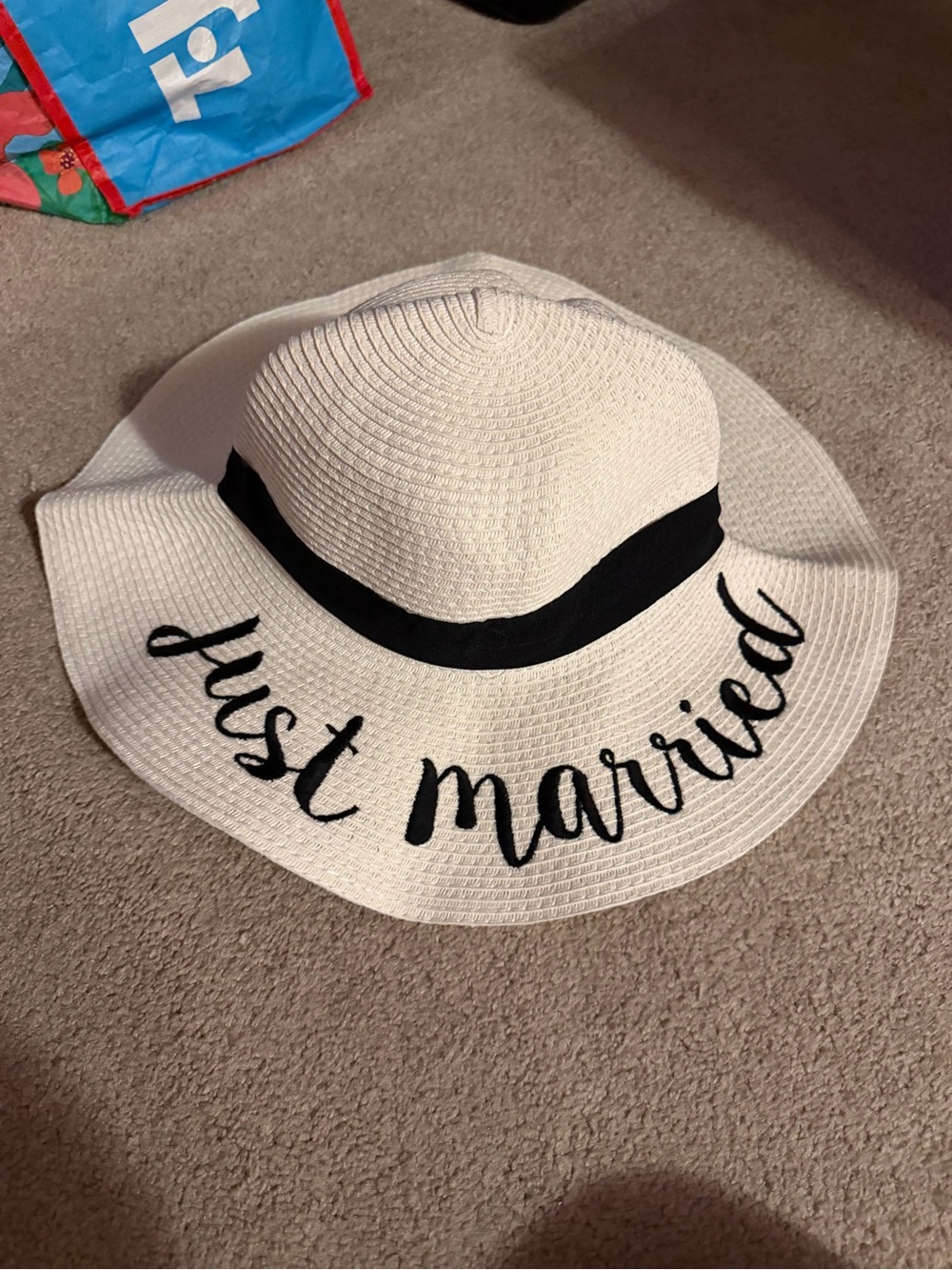 C.C White Sun Hat with Black Band and "Just Married" Script